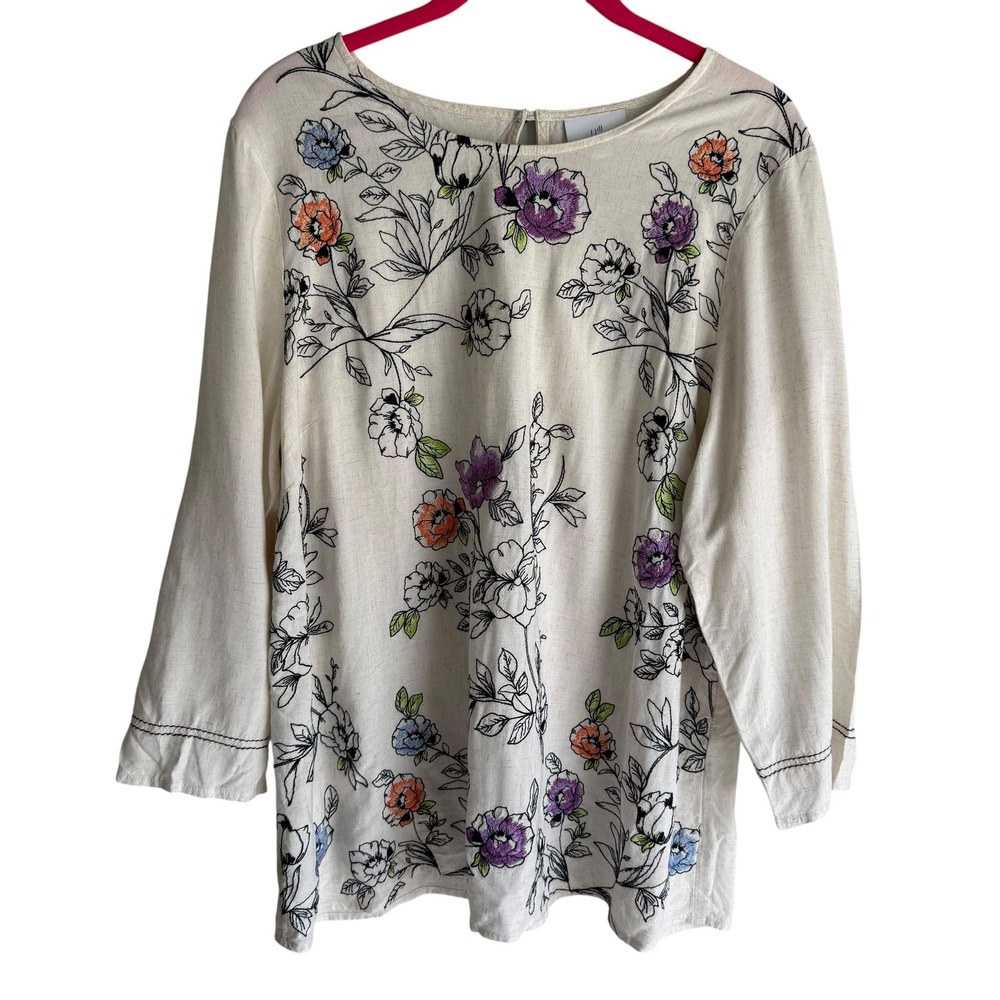 J. JILL Cream‎ Botanical Gardens Floral Embroidered Linen Blend Ladies Top, L